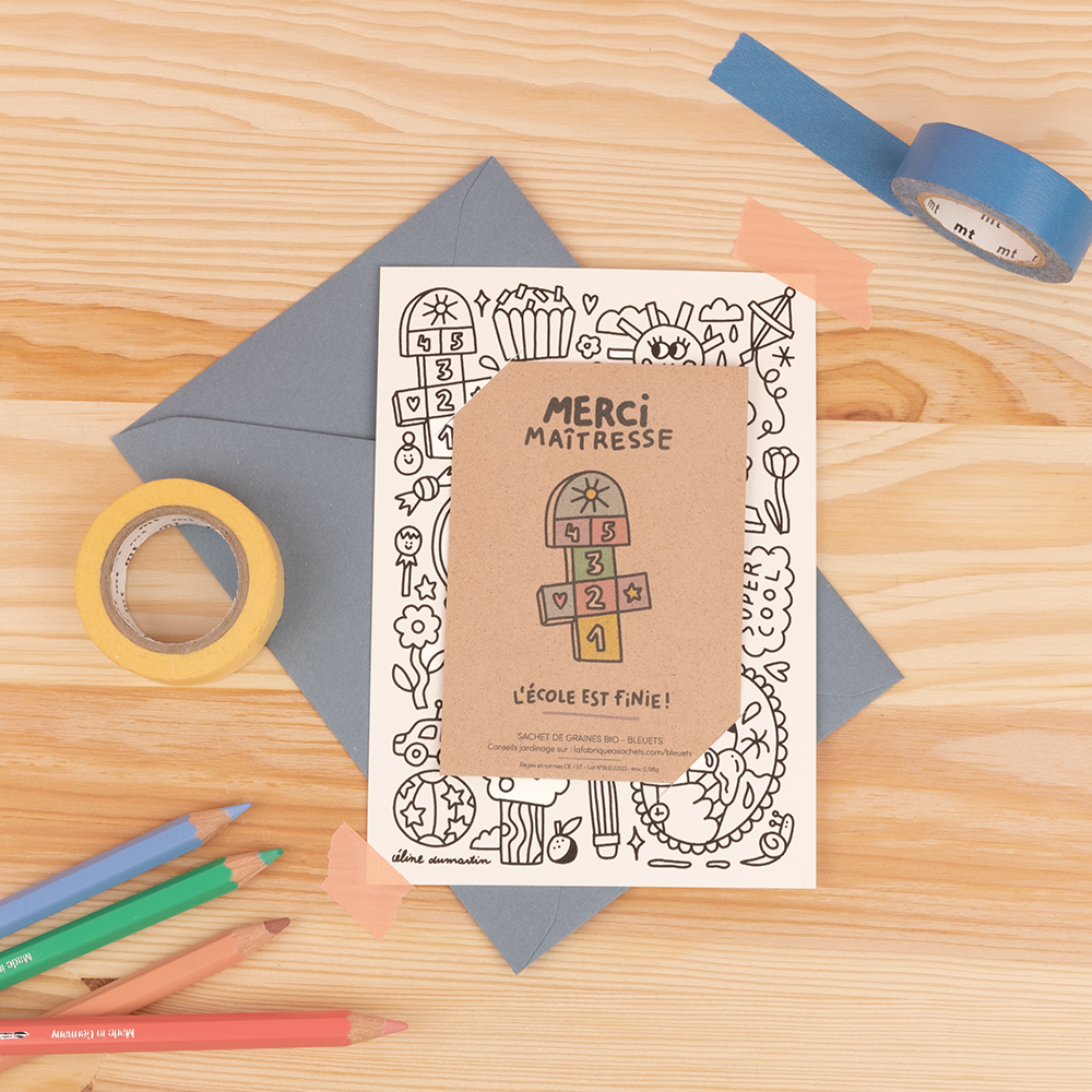 Papeterie - Carte Merci Maitresse à colorier - Graines de Bleuets - LA FABRIQUE À SACHETS