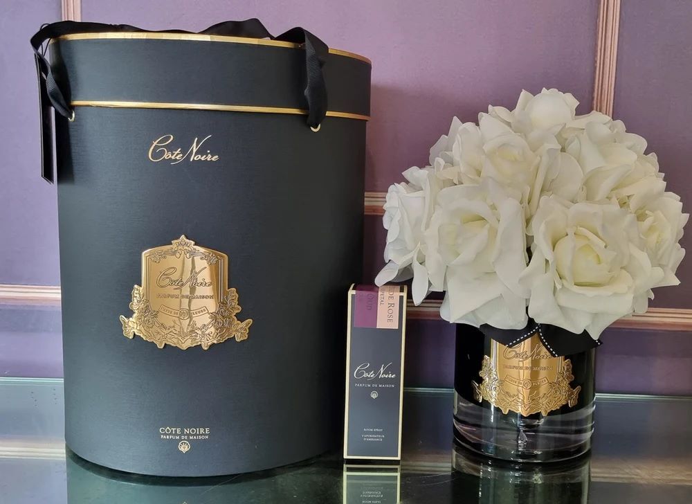Floral decoration - LUXURY GRAND BOUQUET DARK GLASS - GOLD BADGE - IVORY WHITE - CÔTE NOIRE