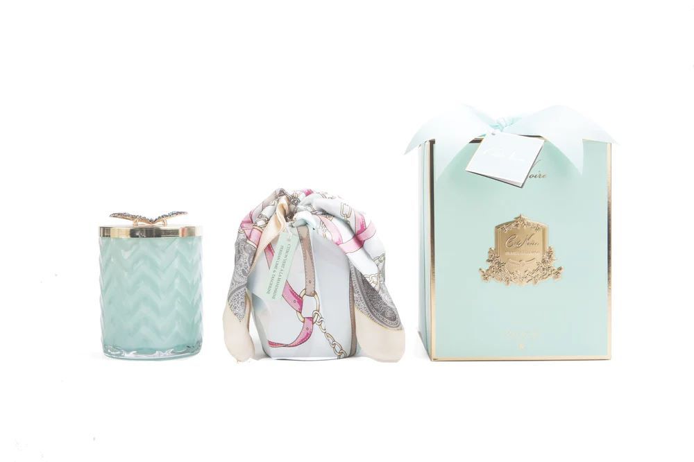 Decorative objects - COTE NOIRE - HERRINGBONE CANDLE WITH SCARF - TIFFANY BLUE & GOLD - BUTTERFLY LID - CÔTE NOIRE