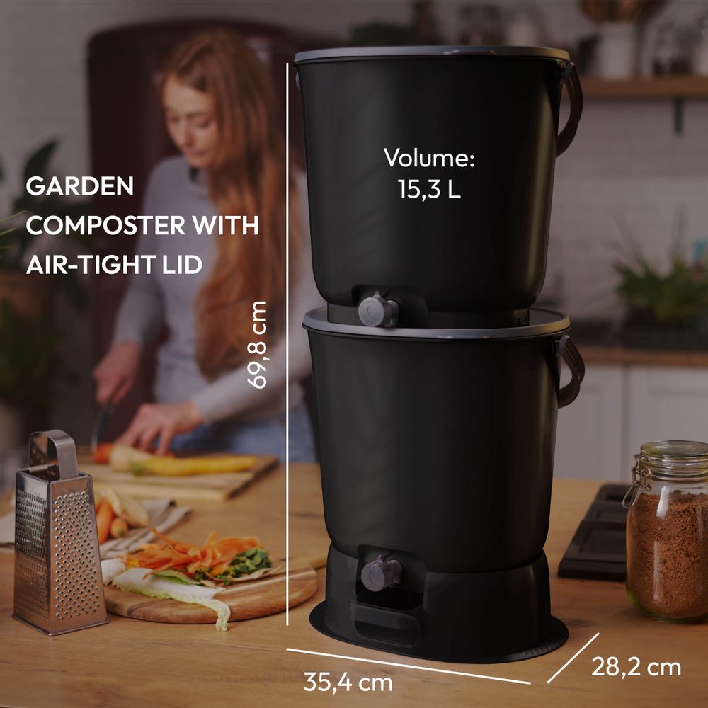 Kitchens furniture - Garden composter- BOKASHI ORGANKO ESSENTIAL SET + BASE (black) - Plastics Recycling Awards Finalist - PLASTIKA SKAZA - EXCEEDING EXPECTATIONS