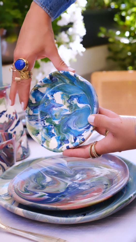 Decorative objects - Turquoise marbled ceramic presentation plate - IOM INES-OLYMPE MERCADAL