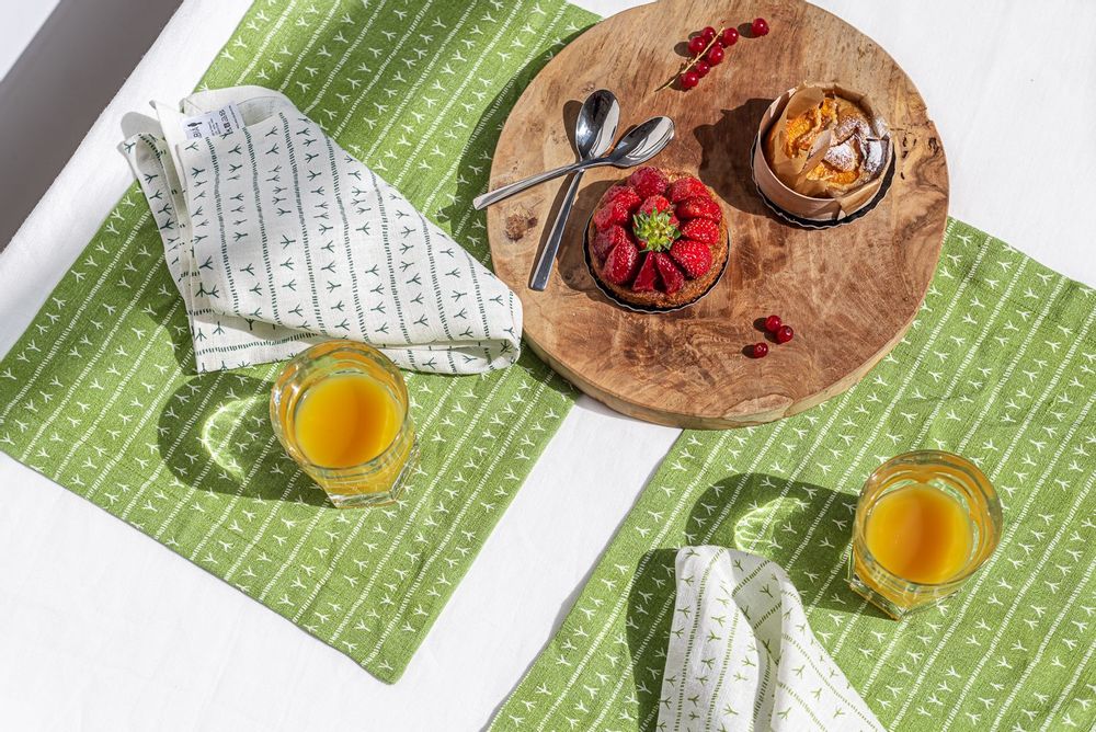 Table linen - Set de table (par 2) 100% lin - encadré 35x50 - Motif ARRASTA PÉ couleur vert ABACATE - SABIÁ DESIGN