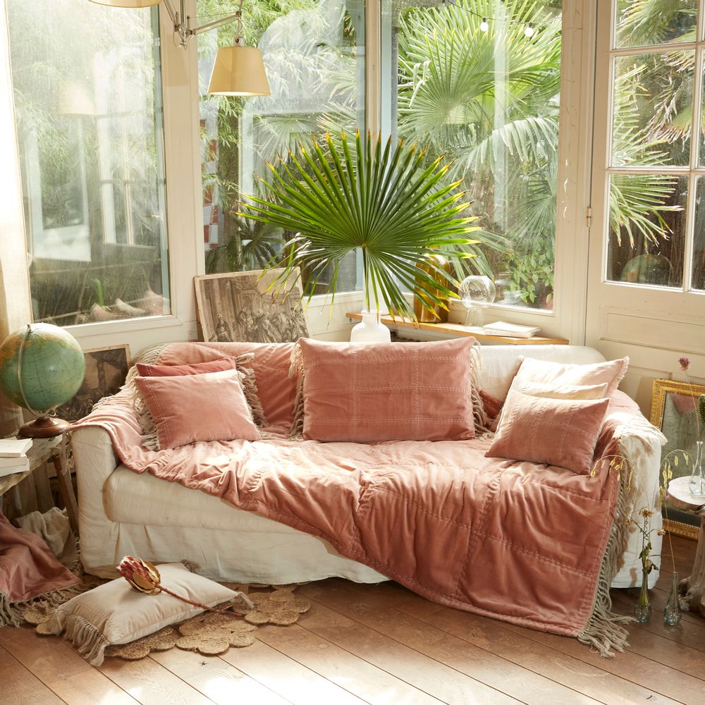Objets de décoration - BOHO Plaid en velours de coton 140x250 cm, franges en lin - EN FIL D'INDIENNE...