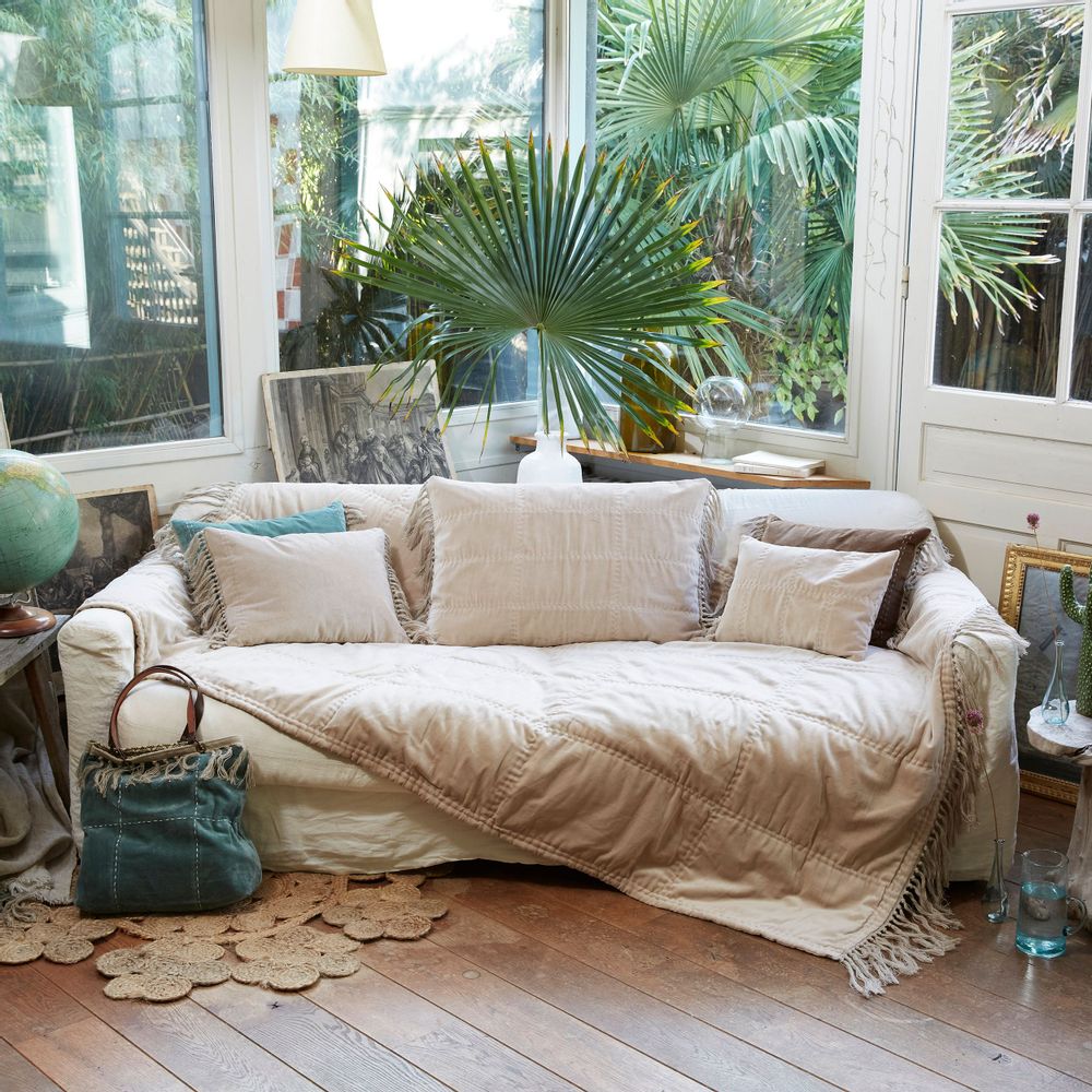 Objets de décoration - BOHO Plaid en velours de coton 140x250 cm, franges en lin - EN FIL D'INDIENNE...
