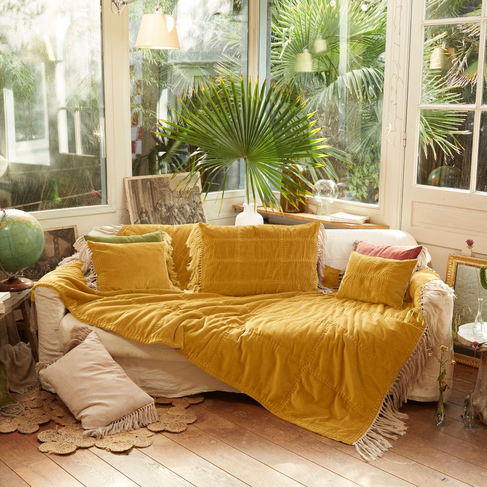 Objets de décoration - BOHO Plaid en velours de coton 140x250 cm, franges en lin - EN FIL D'INDIENNE...