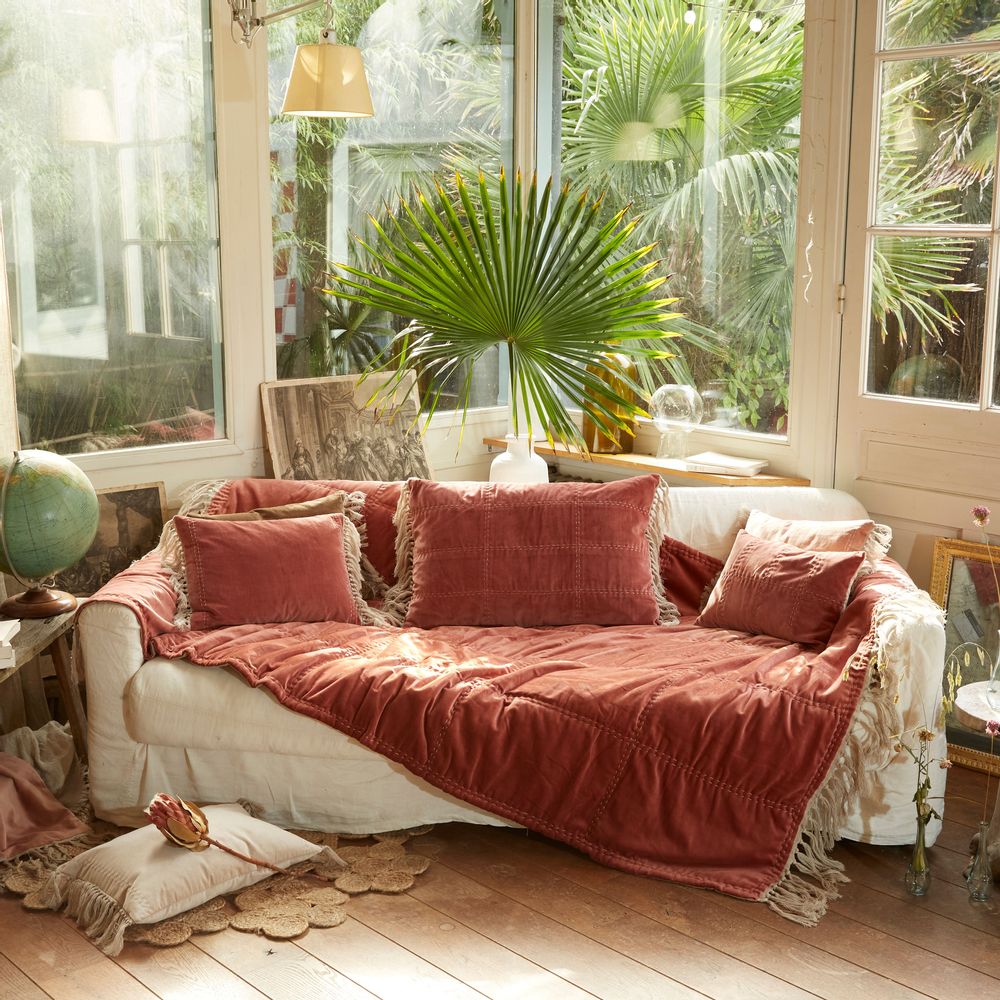 Objets de décoration - BOHO Plaid en velours de coton 140x250 cm, franges en lin - EN FIL D'INDIENNE...