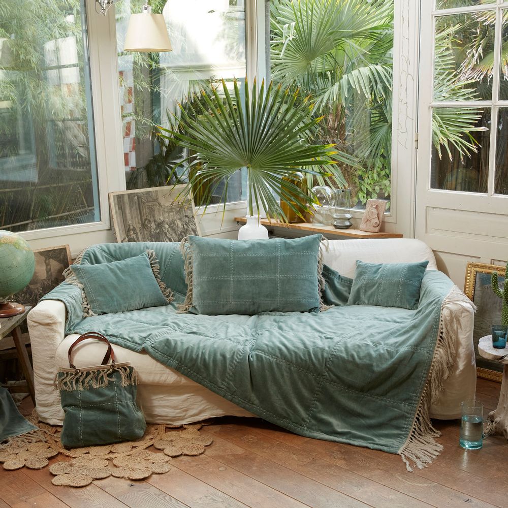 Objets de décoration - BOHO Plaid en velours de coton 140x250 cm, franges en lin - EN FIL D'INDIENNE...