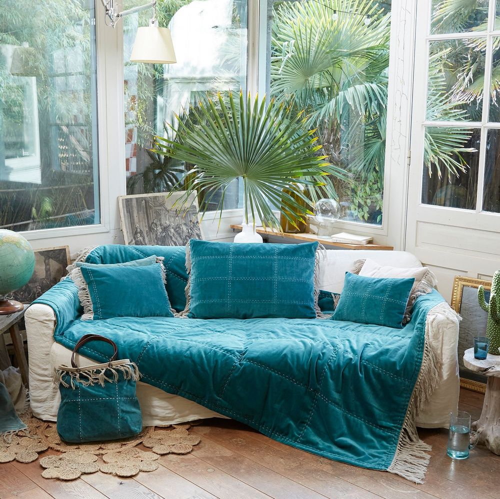 Objets de décoration - BOHO Plaid en velours de coton 140x250 cm, franges en lin - EN FIL D'INDIENNE...