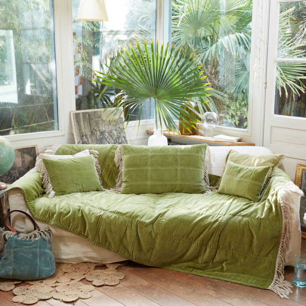 Objets de décoration - BOHO Plaid en velours de coton 140x250 cm, franges en lin - EN FIL D'INDIENNE...