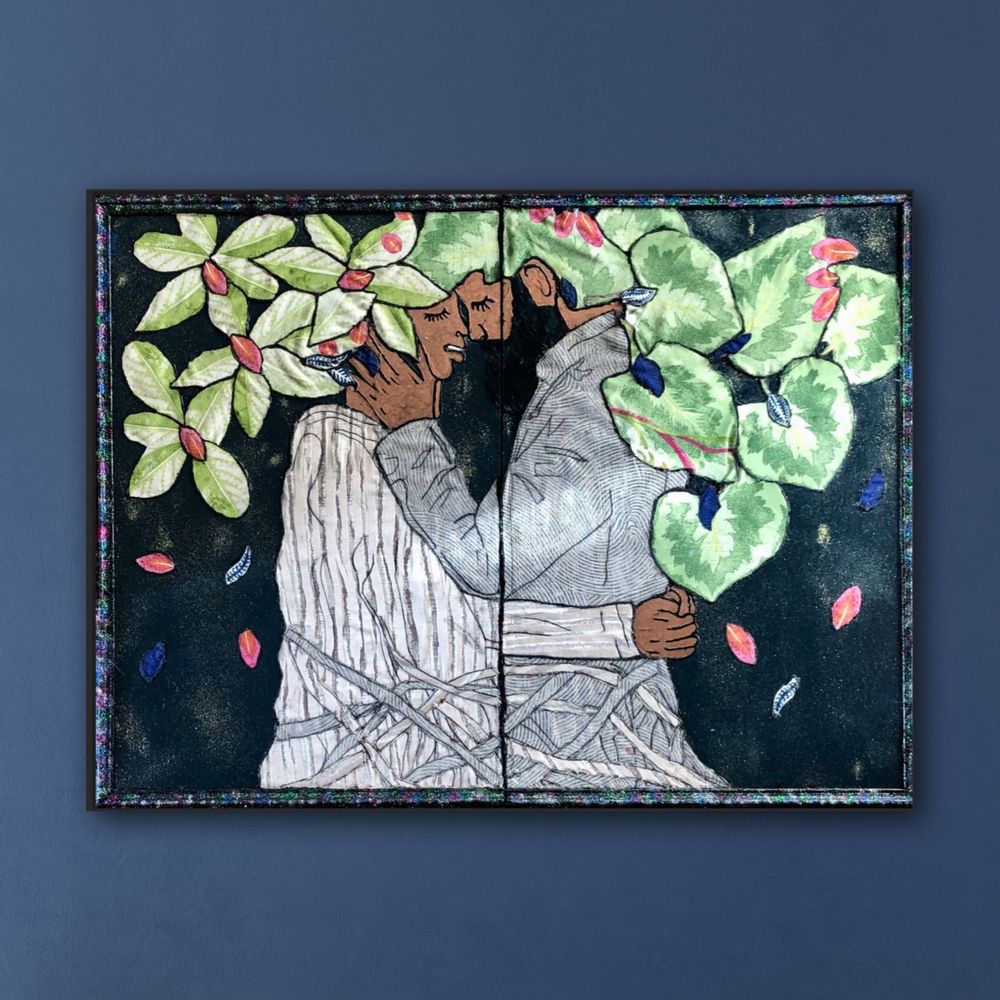 Paintings - FABRIC PAINTING: LOVE EMBRACES - CHACHA.ARTDECO