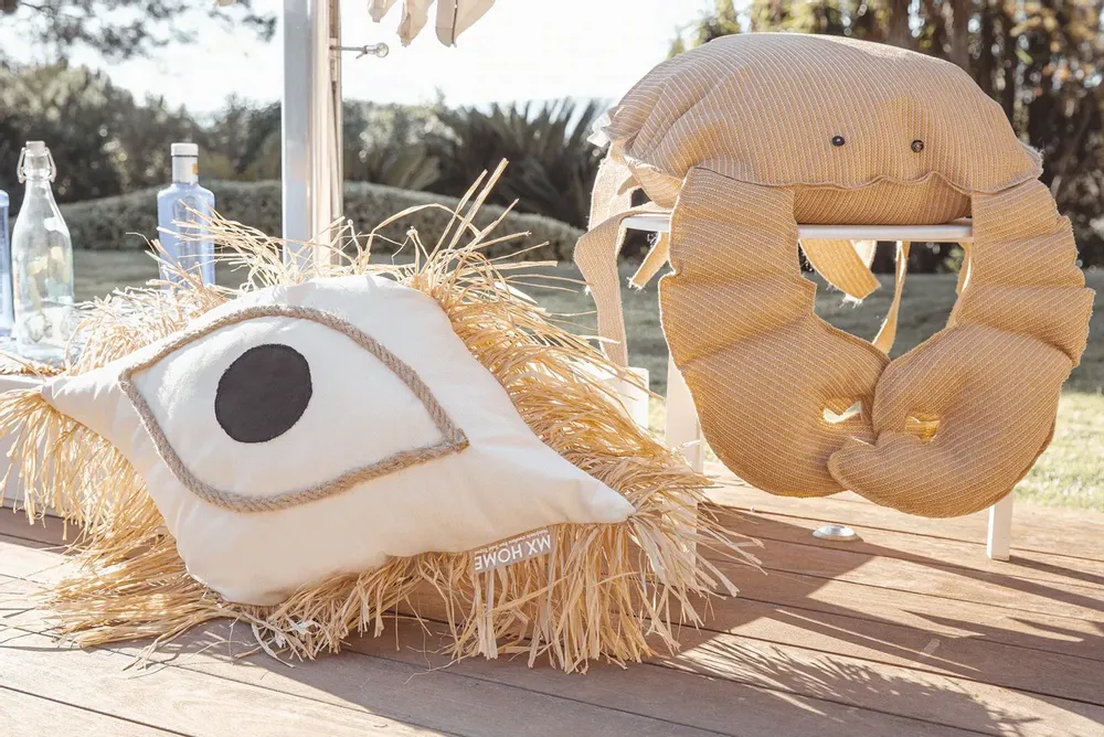 Cushions - White Greek eye cushion with raffia fringes - MX HOME