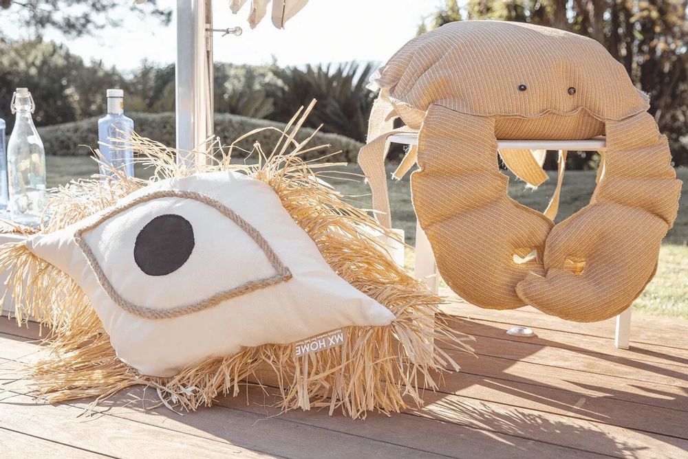 Cushions - White Greek eye cushion with raffia fringes - MX HOME