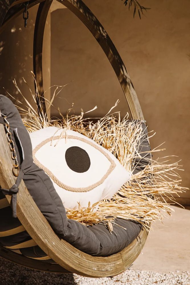 Cushions - White Greek eye cushion with raffia fringes - MX HOME