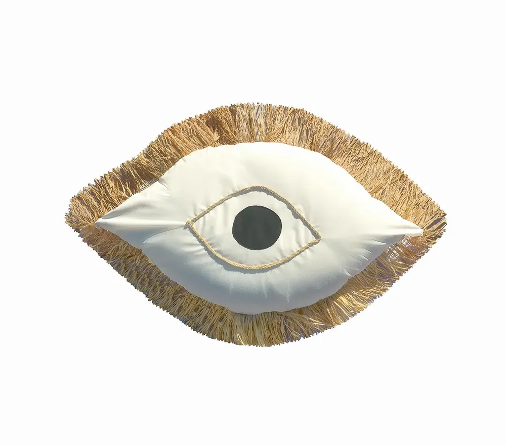 Cushions - White Greek eye cushion with raffia fringes - MX HOME