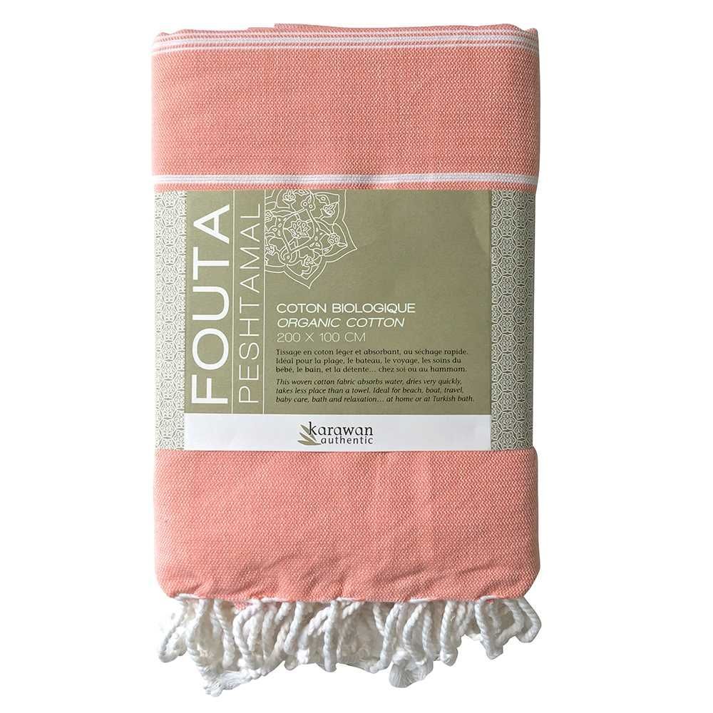 Bath towels - ORGANIC COTTON TOWEL - HAMMAM COLLECTION - WHITE & CORAL COLOR - KARAWAN AUTHENTIC