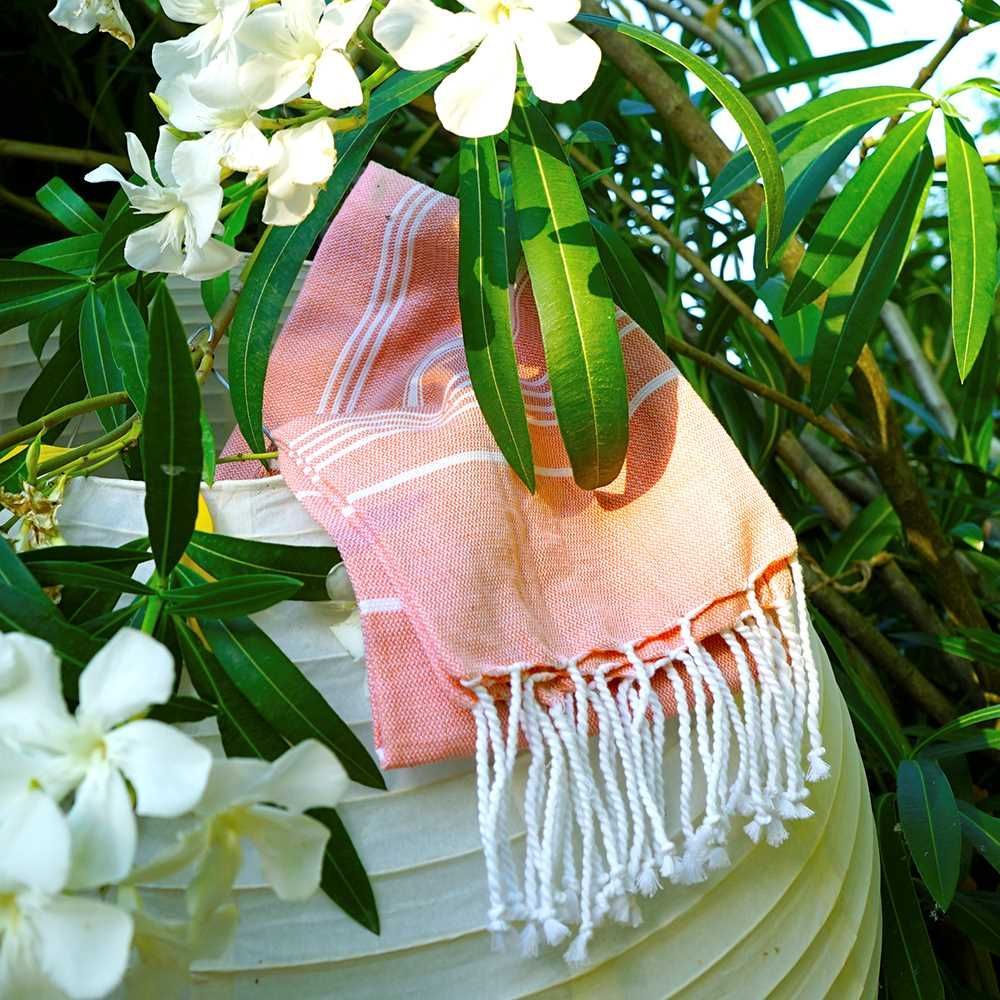 Bath towels - ORGANIC COTTON TOWEL - HAMMAM COLLECTION - WHITE & CORAL COLOR - KARAWAN AUTHENTIC