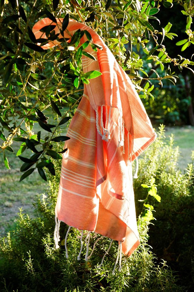 Bath towels - ORGANIC COTTON TOWEL - HAMMAM COLLECTION - WHITE & CORAL COLOR - KARAWAN AUTHENTIC