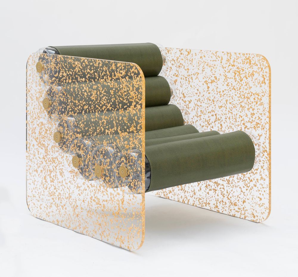 Fauteuils de jardin - MW02 Collection Couture| Fauteuil parois en PMMA incrustées de feuilles d'or & fourreaux Soshagro verts - MW Exclusive - MW DESIGNER FURNITURE