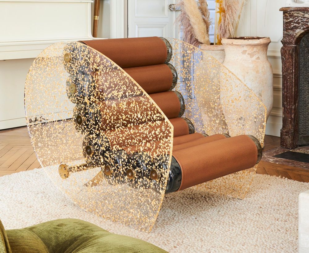 Lawn armchairs - MW05 Couture Collection | Armchair with PMMA walls encrusted with gold leaf & brown Soshagro covers - MW Exclusive - MW DESIGNER FURNITURE