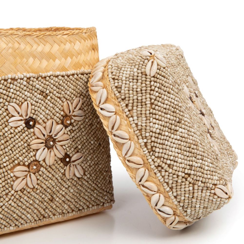 Storage boxes - The Beaded Flowers Baskets - Natural Brown - M - BAZAR BIZAR LIVING