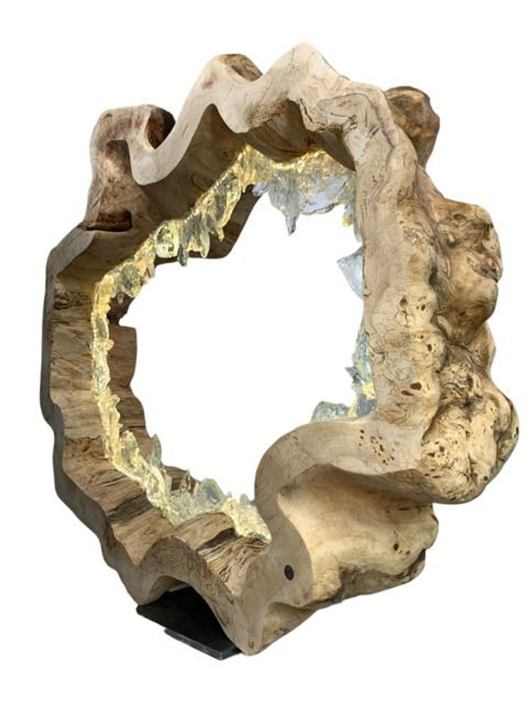 Lampes à poser - Anneau de bois naturel en vagues. Bois, verre, lumière. 80cm - ARANGO