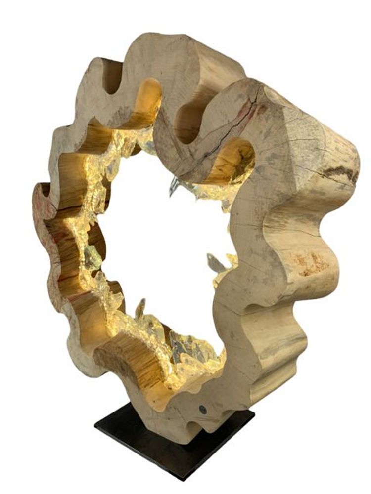 Lampes à poser - Anneau de bois naturel en vagues. Bois, verre, lumière. 80cm - ARANGO