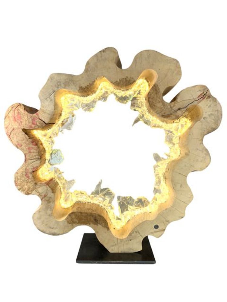 Lampes à poser - Anneau de bois naturel en vagues. Bois, verre, lumière. 80cm - ARANGO