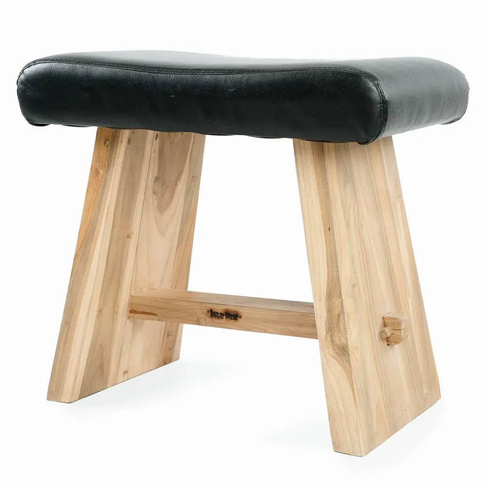 Stools - The Suar Stool with Leather - Natural Black - BAZAR BIZAR LIVING