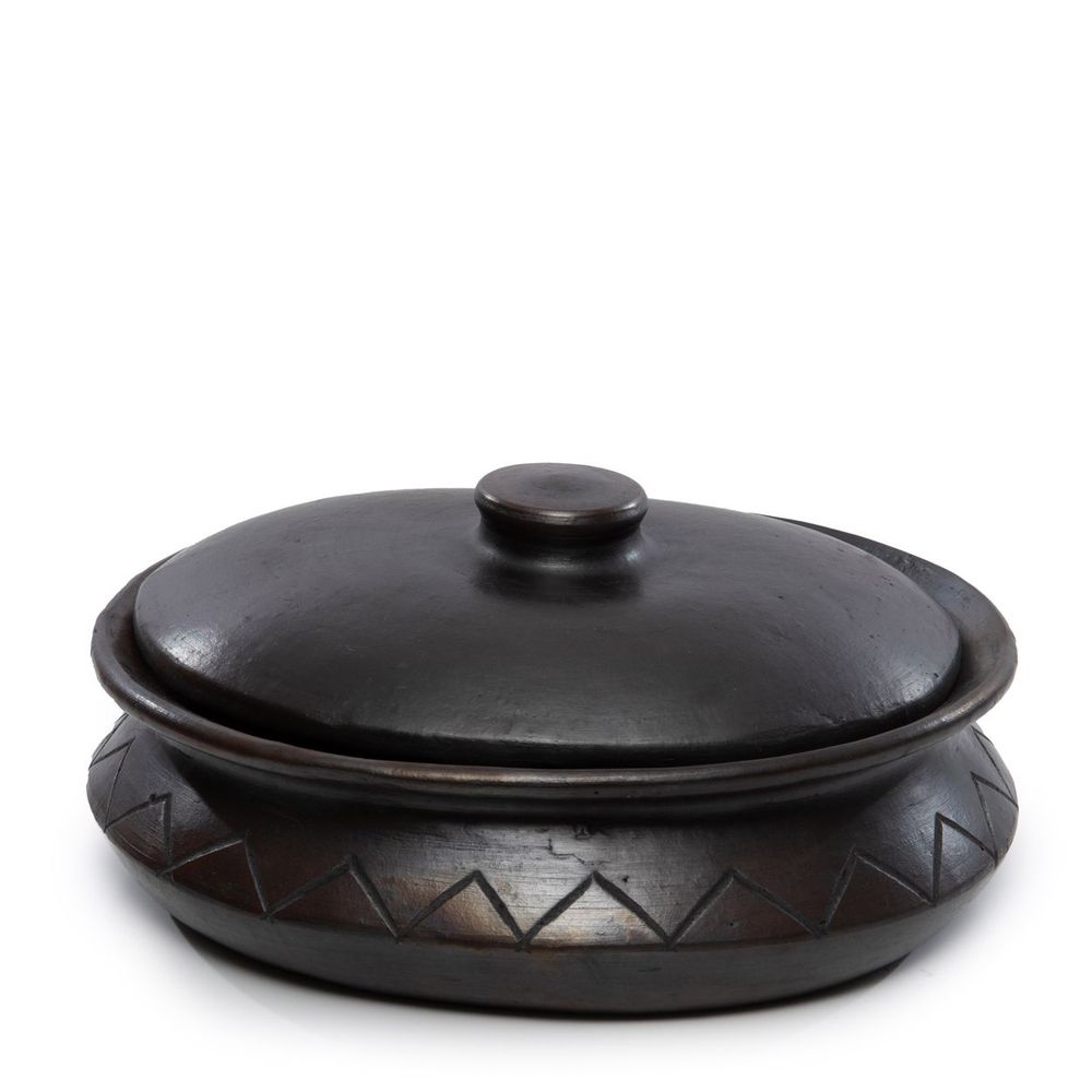 Platter and bowls - The Burned Oval Pot With Pattern - Black - BAZAR BIZAR LIVING