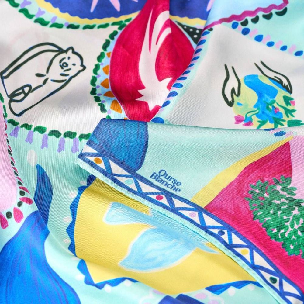 Scarves - Large silk square 90 x 90 cm — Stars, Bears and Women - GOTS French silk - OURSE BLANCHE