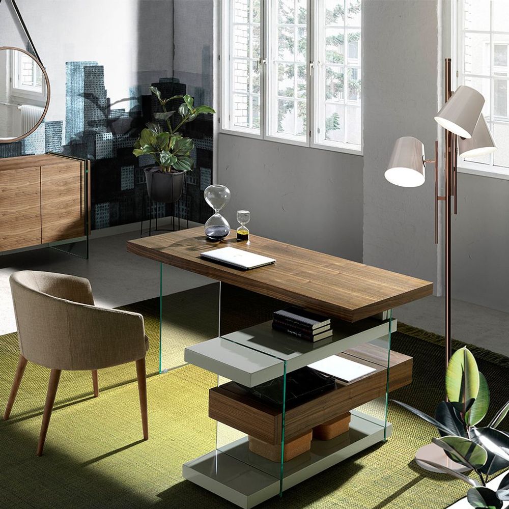 Office furniture and storage - Walnut and glass office desk - ANGEL CERDÁ