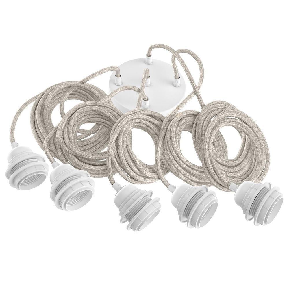 Hanging lights - Hang-5 Suspension French Linen Ceiling Lamp - 5 Wire 2.50m - White Headlamp and Socket - HOOPZÏ