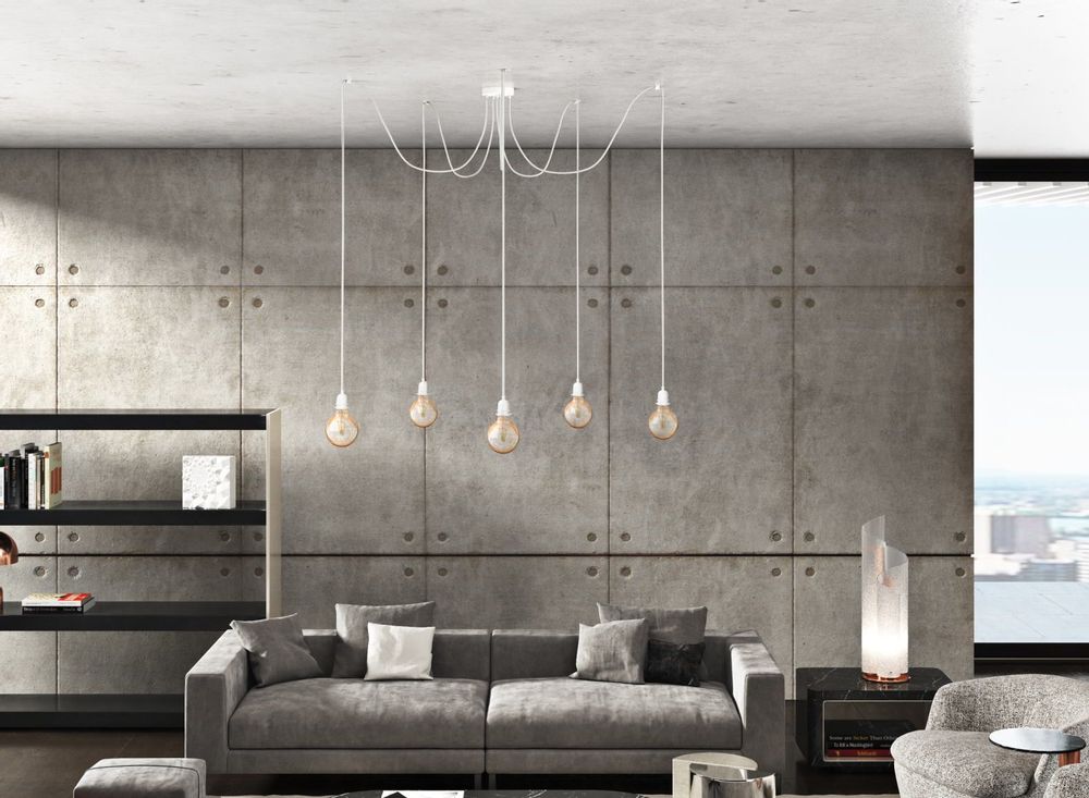 Hanging lights - Hang-5 Suspension French Linen Ceiling Lamp - 5 Wire 2.50m - White Headlamp and Socket - HOOPZÏ