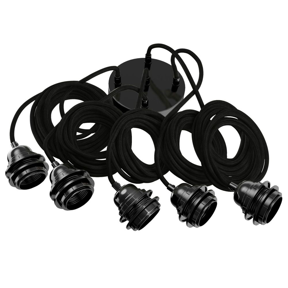 Suspensions - Hang-5 Suspension Plafonnier en Lin Français  - 5 Fils 2,50m - Pavillon et douille Noir - HOOPZÏ