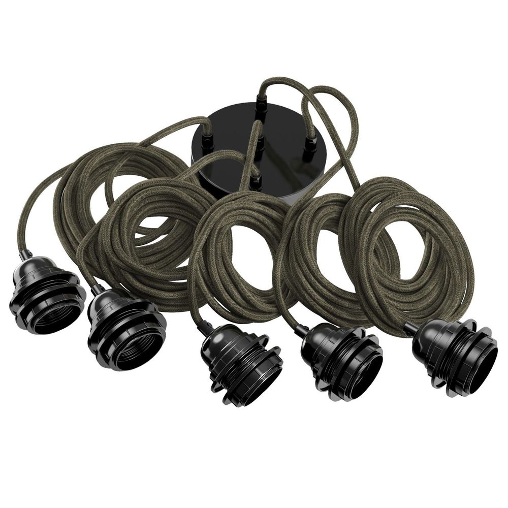 Suspensions - Hang-5 Suspension Plafonnier en Lin Français  - 5 Fils 2,50m - Pavillon et douille Noir - HOOPZÏ