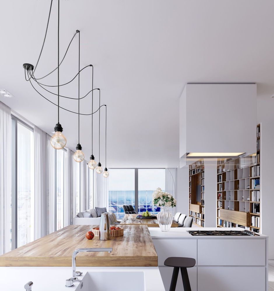 Suspensions - Hang-5 Suspension Plafonnier en Lin Français  - 5 Fils 2,50m - Pavillon et douille Noir - HOOPZÏ