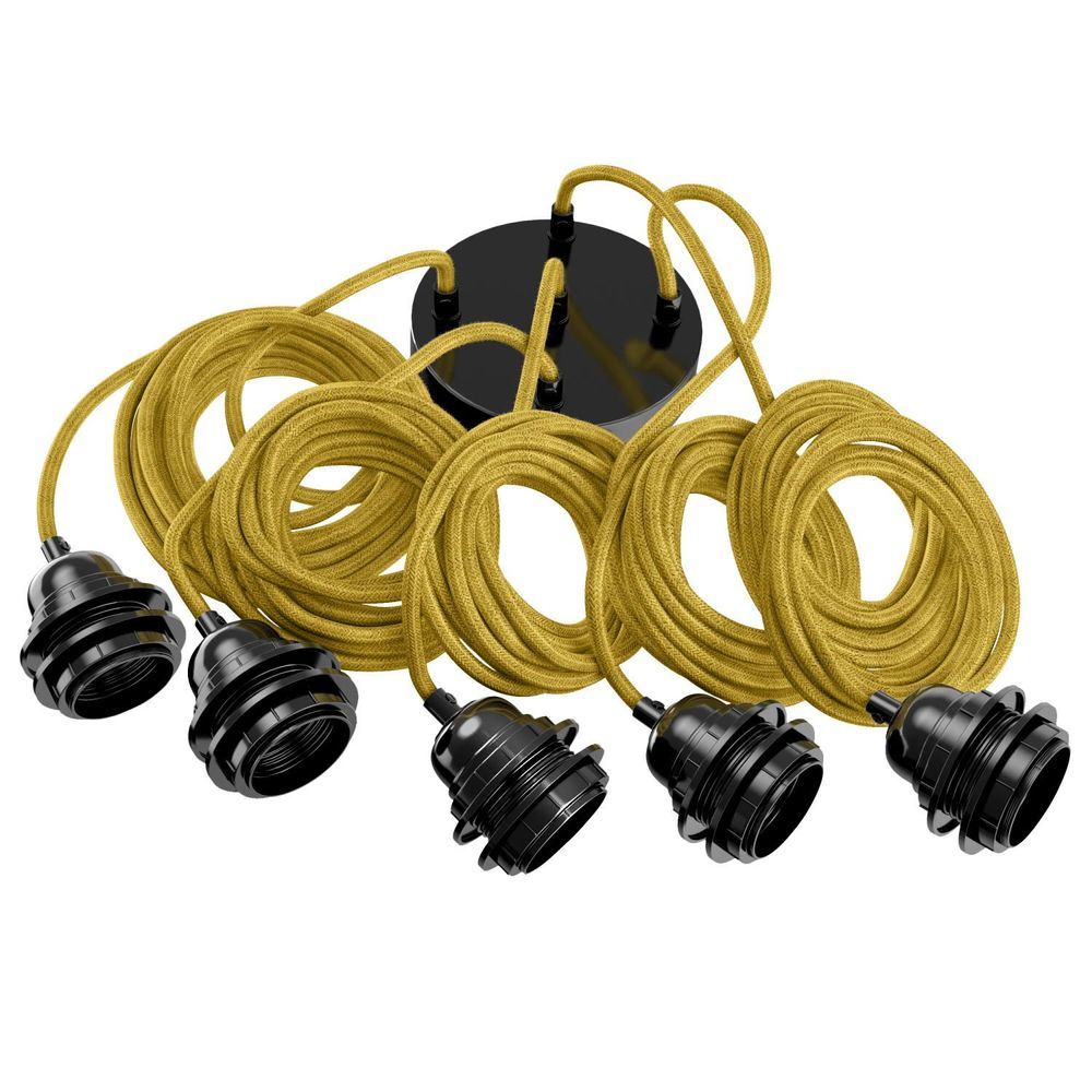 Suspensions - Hang-5 Suspension Plafonnier en Lin Français  - 5 Fils 2,50m - Pavillon et douille Noir - HOOPZÏ