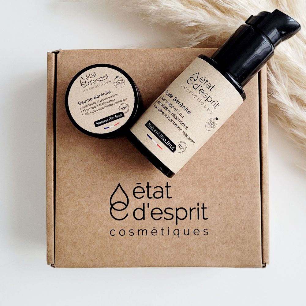 Cosmétiques - Coffret cadeau Sérénité - Fluide visage et Baume lèvres et zones sèches | Aux huiles essentielles relaxantes | Contenants Rechargeables - ÉTAT D'ESPRIT