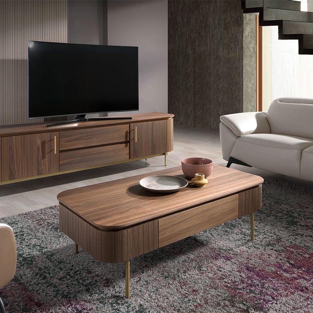 Coffee tables - Rectangular coffee table in walnut and golden steel - ANGEL CERDÁ
