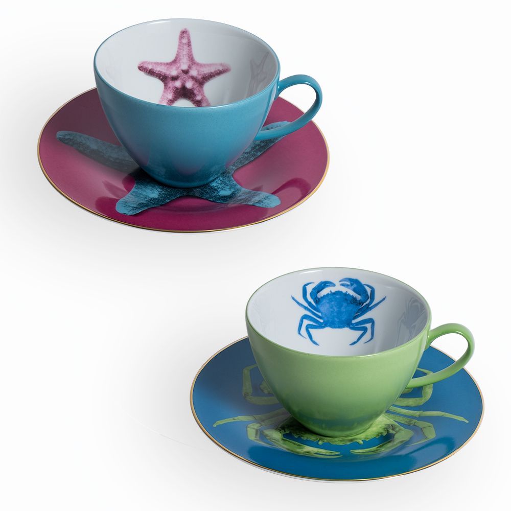 Mugs - Set of 2 - Tea Cups and Saucers Set Bi-Color - HOME BY KRISTY
