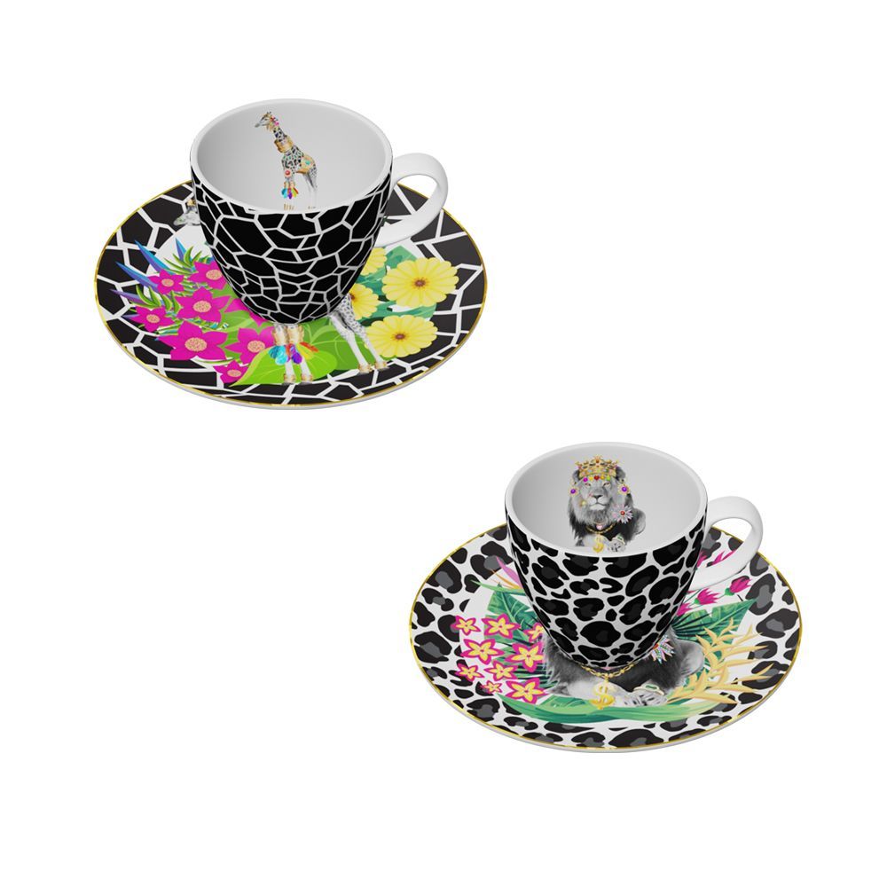 Mugs - Set of 2 - Coffee Cups and Saucers Set Animals Bijoux - HOME BY KRISTY