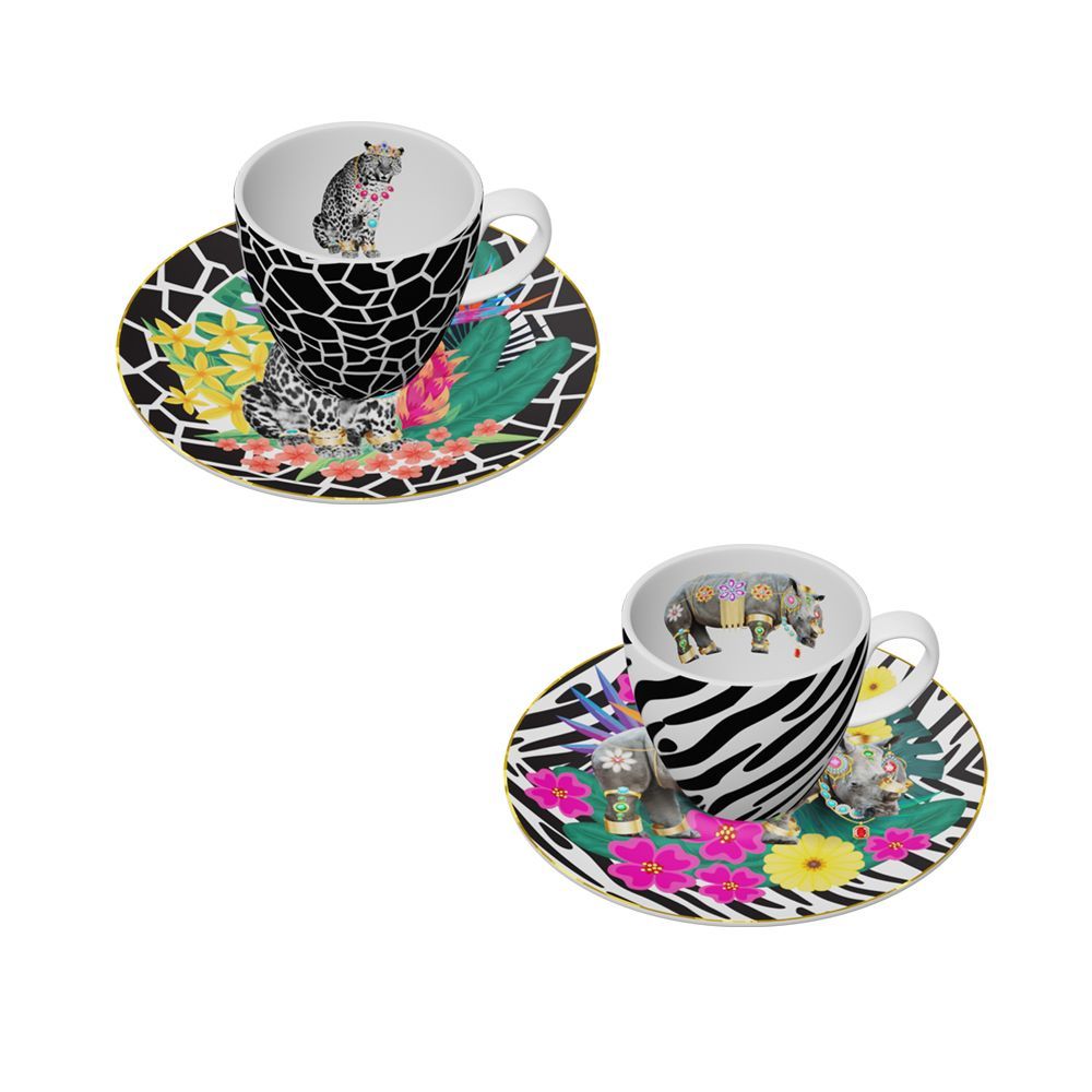Mugs - Set of 2 - Coffee Cups and Saucers Set Animals Bijoux - HOME BY KRISTY