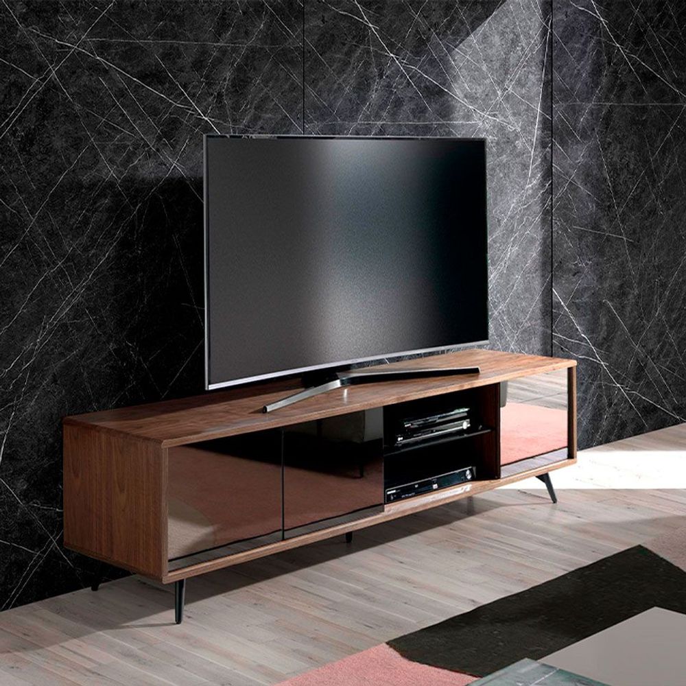 Sideboards - TV stand with walnut and black mirror effect glass - ANGEL CERDÁ