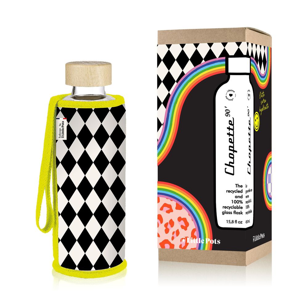 Gifts - GOURDE CHOPETTE 90' 45cl EN VERRE RECYCLÉ ET RECYCLABLE AVEC HOUSSE EXTERIEUR POLYESTER INTERIEUR MATIERE EPONGE - Imprimé losanges noirs et blancs bordure jaune - LITTLE POTS