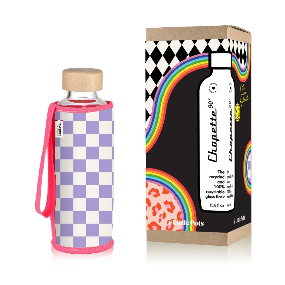 Gifts - GOURDE CHOPETTE 90' 45cl EN VERRE RECYCLÉ ET RECYCLABLE AVEC HOUSSE EXTERIEUR POLYESTER INTERIEUR MATIERE EPONGE - Imprimé damier blanc et violet bordure rose - LITTLE POTS