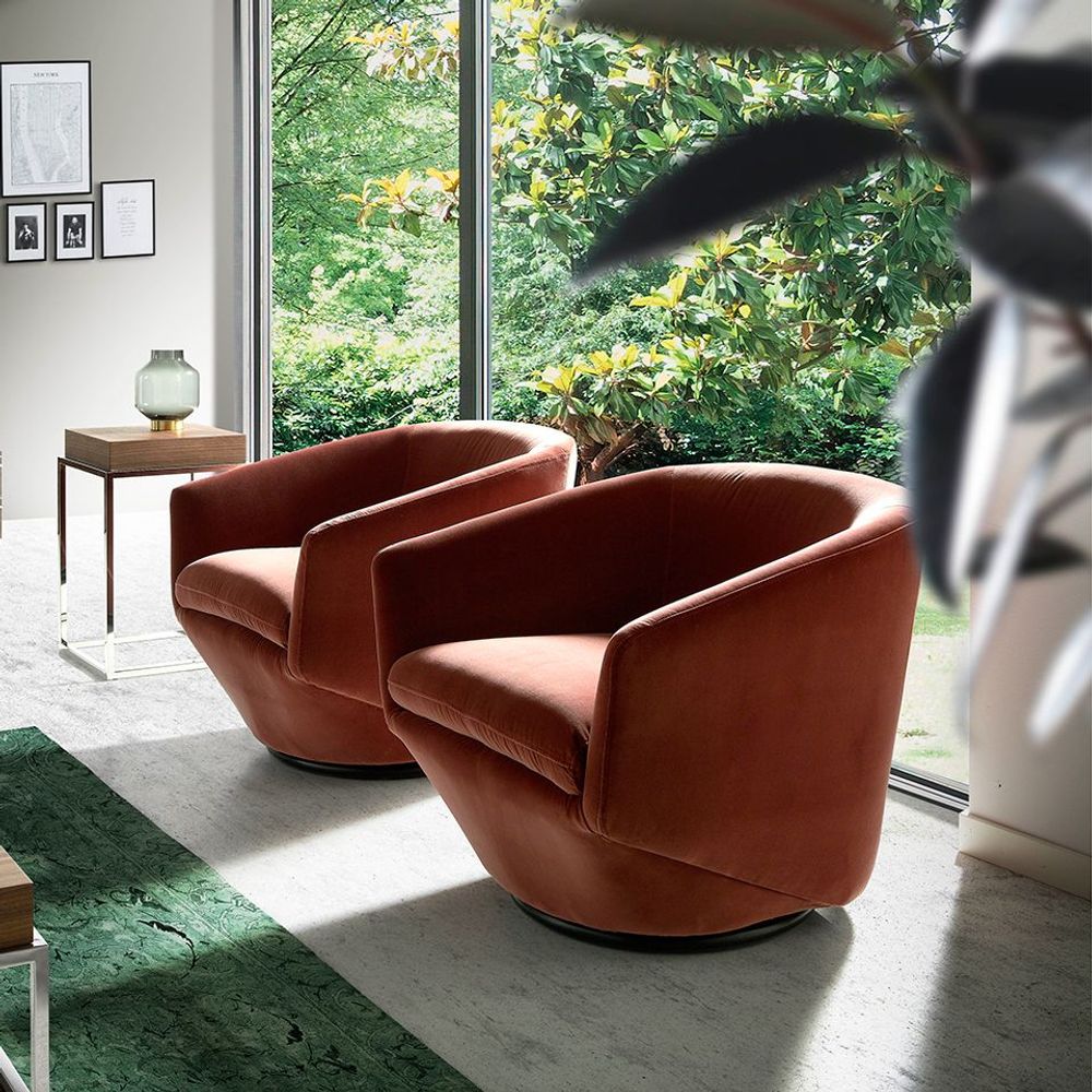 Fauteuils - Fauteuil pivotant rembourré en velours pêche - ANGEL CERDÁ