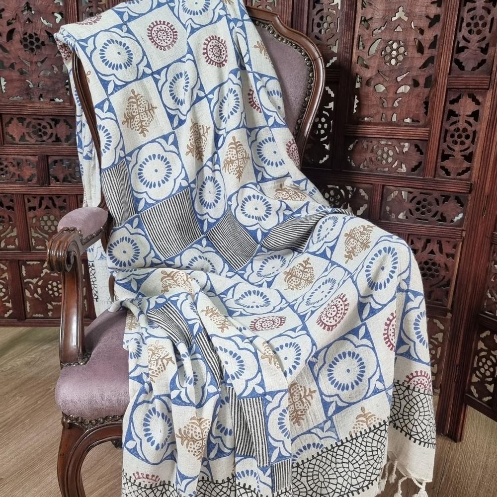 Unique pieces - Throw Afife Cotton Linen 150 x 220cm Handprinted Handmade - LALAY