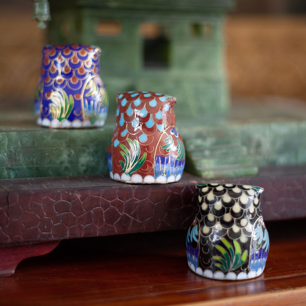 Céramique - Famille de hiboux porte-bonheur en cloisonné - TRESORIENT
