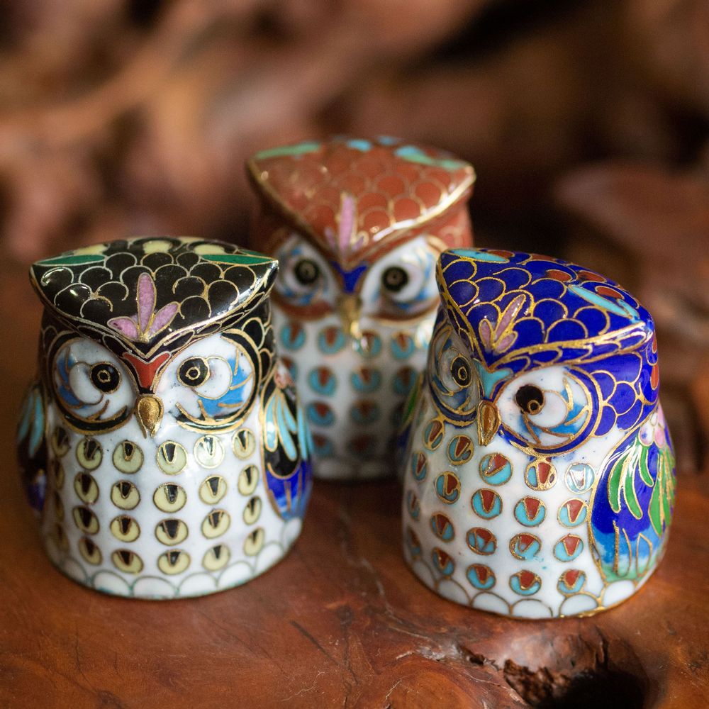 Céramique - Famille de hiboux porte-bonheur en cloisonné - TRESORIENT
