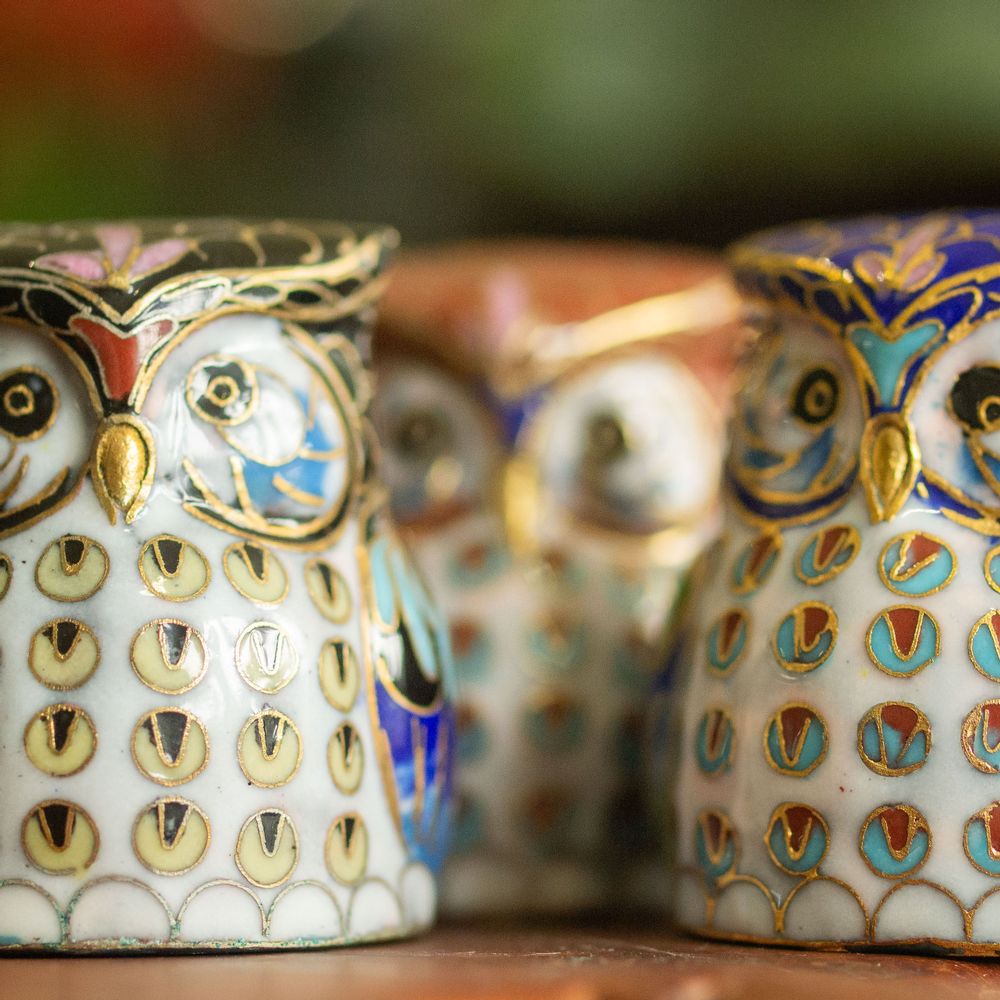 Céramique - Famille de hiboux porte-bonheur en cloisonné - TRESORIENT